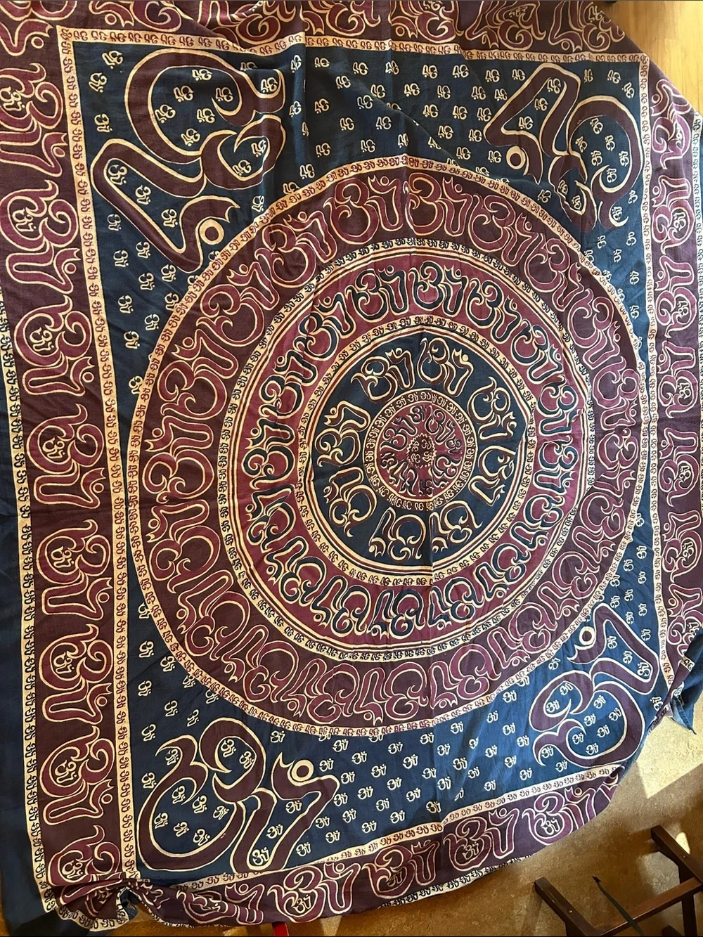 Bohemian Cotton Mandala Wall Tapestry in Navy and Burgundy 76 in x 90 in